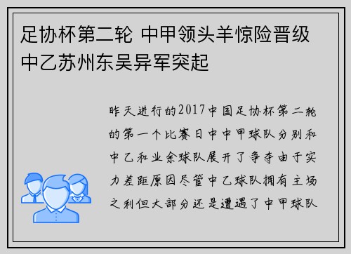 足协杯第二轮 中甲领头羊惊险晋级 中乙苏州东吴异军突起